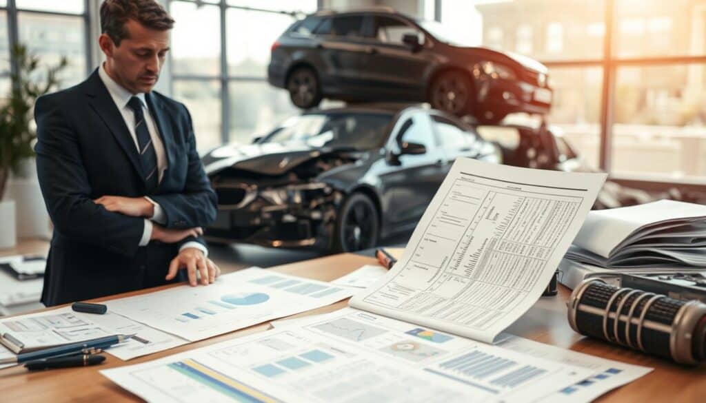 A professional setting depicting a cost estimate evaluation by an appraiser for damages. In the foreground, a focused appraiser in smart business attire, examining a detailed report on a table filled with charts and diagrams. The middle ground showcases an array of damaged items, such as a dented car and paperwork scattered about, symbolizing the impact of damages on costs. The background features a modern office with large windows letting in soft natural light, heightening the professional atmosphere. The overall mood is serious yet constructive, emphasizing the analysis of costs related to damages, captured from a slightly angled view to add depth. A professional setting depicting a cost estimate evaluation by an appraiser for damages. In the foreground, a focused appraiser in smart business attire, examining a detailed report on a table filled with charts and diagrams. The middle ground showcases an array of damaged items, such as a dented car and paperwork scattered about, symbolizing the impact of damages on costs. The background features a modern office with large windows letting in soft natural light, heightening the professional atmosphere. The overall mood is serious yet constructive, emphasizing the analysis of costs related to damages, captured from a slightly angled view to add depth.