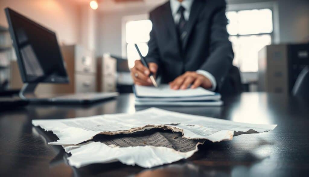 A professional setting featuring a close-up of a damaged document or photograph on a desk, symbolizing the importance of documentation in reporting damages. The foreground captures the details of the torn or stained paper, emphasizing the texture and wear. In the middle, a pair of hands, dressed in smart business attire, carefully holding a pen over a notepad, ready to make notes. The background softly fades into blurred office elements like a computer screen and filing cabinets, illuminated by natural light coming from a nearby window. The atmosphere is serious and focused, conveying a sense of urgency and diligence, suitable for a documentation process in assessing damages.