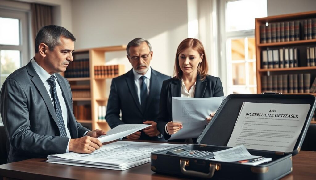 A professional setting showcasing a real estate appraisal scenario. In the foreground, a serious-looking male and female appraiser in formal business attire, engaged in discussion, with documents and a laptop open in front of them. The middle ground features a set of house blueprints and an open briefcase with calculators and financial documents, representing costs associated with hiring an appraiser. In the background, a well-lit office with shelves of legal books, including a visible reference to § 249 of the Bürgerliches Gesetzbuch, adding context to the scene. The ambiance is serious and focused, with natural light coming through large windows, casting soft shadows that enhance the professional atmosphere. The image conveys a sense of diligence and expertise in assessing property damage. A professional setting showcasing a real estate appraisal scenario. In the foreground, a serious-looking male and female appraiser in formal business attire, engaged in discussion, with documents and a laptop open in front of them. The middle ground features a set of house blueprints and an open briefcase with calculators and financial documents, representing costs associated with hiring an appraiser. In the background, a well-lit office with shelves of legal books, including a visible reference to § 249 of the Bürgerliches Gesetzbuch, adding context to the scene. The ambiance is serious and focused, with natural light coming through large windows, casting soft shadows that enhance the professional atmosphere. The image conveys a sense of diligence and expertise in assessing property damage.