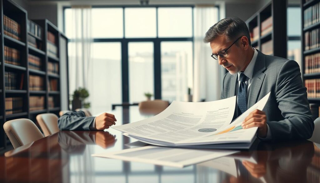 A professional setting showcasing a technical expert reviewing a detailed report. In the foreground, a middle-aged individual dressed in a tailored suit closely examines a large document spread across a polished conference table, with a focused expression. In the middle, shelves filled with legal and technical books surround the room, adding a scholarly ambiance. The background portrays a sleek office with large windows allowing soft natural light to filter in, casting gentle shadows. The atmosphere is serious and contemplative, emphasizing the importance of independent technical opinions in legal contexts. The image should capture the essence of expertise and authority in the realm of technical assessments, with a depth of field that highlights the expert's intense focus on the document without any distractions. A professional setting showcasing a technical expert reviewing a detailed report. In the foreground, a middle-aged individual dressed in a tailored suit closely examines a large document spread across a polished conference table, with a focused expression. In the middle, shelves filled with legal and technical books surround the room, adding a scholarly ambiance. The background portrays a sleek office with large windows allowing soft natural light to filter in, casting gentle shadows. The atmosphere is serious and contemplative, emphasizing the importance of independent technical opinions in legal contexts. The image should capture the essence of expertise and authority in the realm of technical assessments, with a depth of field that highlights the expert's intense focus on the document without any distractions.