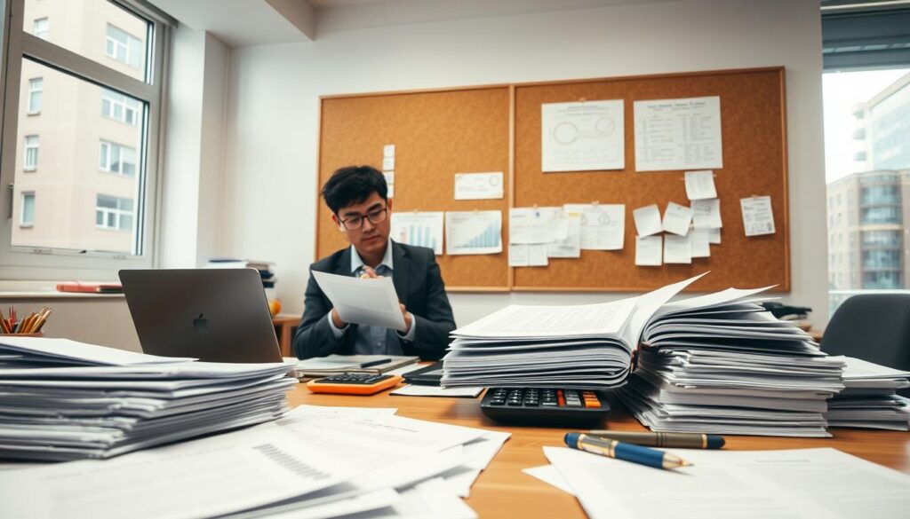 A professional setting showing an organized workspace for documentation and preparation for an assessment. In the foreground, a wooden desk is cluttered with neatly stacked files, a laptop, and various stationery items. In the middle, a focused individual in business attire reviews documents, highlighting key points with a yellow marker, while a few open legal books and a calculator are nearby, indicating thorough research. In the background, a large corkboard displays charts and pinned notes, providing a sense of organization and purpose. Soft overhead lighting creates a warm and inviting atmosphere, while a window offers a glimpse of an outside urban environment, hinting at the busy world beyond. The overall mood conveys professionalism and diligence, perfect for a serious evaluation context. A professional setting showing an organized workspace for documentation and preparation for an assessment. In the foreground, a wooden desk is cluttered with neatly stacked files, a laptop, and various stationery items. In the middle, a focused individual in business attire reviews documents, highlighting key points with a yellow marker, while a few open legal books and a calculator are nearby, indicating thorough research. In the background, a large corkboard displays charts and pinned notes, providing a sense of organization and purpose. Soft overhead lighting creates a warm and inviting atmosphere, while a window offers a glimpse of an outside urban environment, hinting at the busy world beyond. The overall mood conveys professionalism and diligence, perfect for a serious evaluation context.