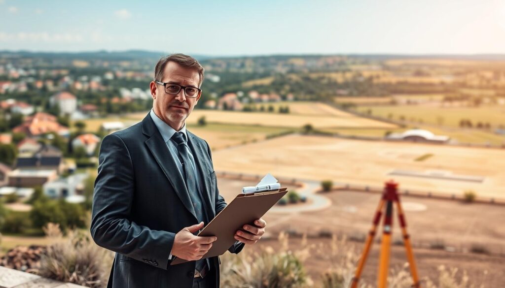 A professional surveyor stands confidently in the foreground, dressed in smart business attire, holding a clipboard and surveying equipment in a well-lit environment. Behind him, a detailed landscape showcases a blend of urban and rural elements, with buildings and open fields, highlighting areas of interest for damage assessment. The middle ground features markers and measurement tools, emphasizing the precise nature of the surveying process. Soft natural light creates a balanced atmosphere, while a shallow depth of field focuses on the surveyor, blurring the background slightly to draw attention to the subject. The overall mood is determined and serious, reflecting the professionalism and critical importance of accurate damage valuation in the surveying process.