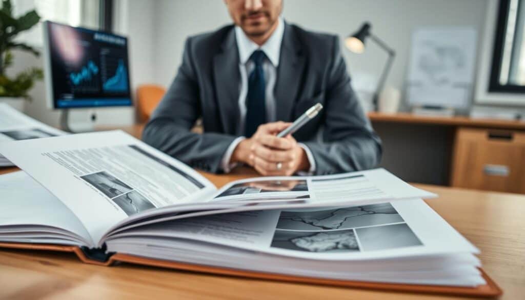 A professional workspace illustrating the theme of damage documentation. In the foreground, a detailed, open folder with organized papers and photographs depicting concealed damages, such as cracks and water stains. The middle layer features a person dressed in smart business attire, thoughtfully examining the documents with a focused expression, a pen in hand. The background shows a well-lit office environment with a desk, a computer displaying data analysis, and a window letting in soft natural light, creating a calm and diligent atmosphere. The image should have a slight depth of field, emphasizing the foreground documents while gently blurring the background for a professional look. A professional workspace illustrating the theme of damage documentation. In the foreground, a detailed, open folder with organized papers and photographs depicting concealed damages, such as cracks and water stains. The middle layer features a person dressed in smart business attire, thoughtfully examining the documents with a focused expression, a pen in hand. The background shows a well-lit office environment with a desk, a computer displaying data analysis, and a window letting in soft natural light, creating a calm and diligent atmosphere. The image should have a slight depth of field, emphasizing the foreground documents while gently blurring the background for a professional look.
