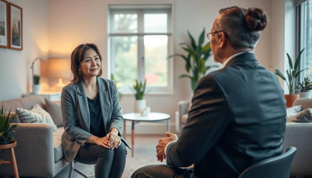 A serene and supportive scene depicting psychological support after an accident. In the foreground, a compassionate therapist, dressed in professional business attire, is seated across from a visibly concerned client, who is casually dressed but looking relieved. The middle ground features a cozy office space filled with soft, comfortable furniture, warm lighting, and subtle decorative elements like plants and art that convey tranquility. In the background, a window shows a glimpse of a peaceful outdoor view, suggesting safety and calmness. The atmosphere is empathetic and reassuring, emphasizing connection and understanding in the healing process, with soft, diffused natural light enhancing the sense of warmth and support in the room.