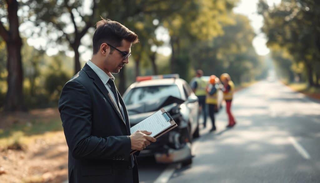 A serene scene illustrating a post-accident analysis process on a quiet roadside. In the foreground, a focused professional wearing a business suit examines a damaged vehicle, taking notes on a clipboard. In the middle ground, emergency responders work efficiently, assessing the situation and documenting evidence. The background features a blurred view of a peaceful road lined with trees, with soft, diffused sunlight filtering through the leaves, casting gentle shadows. The atmosphere conveys a sense of calm professionalism amidst the urgency, reflecting the importance of technical analysis in decision-making processes. Capture the moment from a slightly elevated angle to provide depth, emphasizing the collaborative effort in assessing the scene without any distractions.