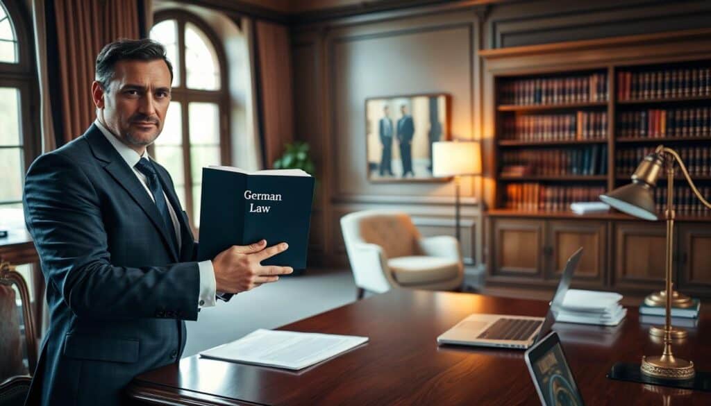 An elegant office setting showcasing a professional lawyer's desk, with a polished wooden surface adorned with legal documents, a laptop open displaying a legal database, and a tasteful desk lamp casting warm light. In the foreground, a confident lawyer in a tailored suit, holding a legal book titled "German Law" with visible diligence. In the middle ground, a cozy meeting area with a plush chair and a bookshelf filled with law books. The background features large windows allowing natural light to flood the room, creating a bright and inviting atmosphere. The mood conveys professionalism and expertise, ideal for discussing legal costs and attorney fees. The image has a soft depth of field, drawing focus to the lawyer while subtly blurring the background elements.