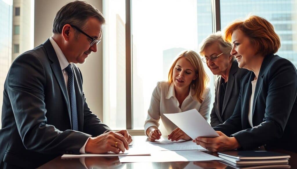 A business meeting scene focused on negotiating contract terms. In the foreground, a diverse group of three professionals—a middle-aged man in a tailored suit, a young woman in a smart blouse, and an older woman in business attire—are engaged in discussion, leaning over a table filled with documents and a laptop. Their expressions are focused and collaborative. In the middle ground, a large window with natural light filtering in creates a bright atmosphere, casting soft shadows. The background includes a view of a modern cityscape with glass buildings. The lighting is warm and inviting, highlighting the seriousness yet cordial nature of the negotiation, emphasizing professionalism and cooperation. A business meeting scene focused on negotiating contract terms. In the foreground, a diverse group of three professionals—a middle-aged man in a tailored suit, a young woman in a smart blouse, and an older woman in business attire—are engaged in discussion, leaning over a table filled with documents and a laptop. Their expressions are focused and collaborative. In the middle ground, a large window with natural light filtering in creates a bright atmosphere, casting soft shadows. The background includes a view of a modern cityscape with glass buildings. The lighting is warm and inviting, highlighting the seriousness yet cordial nature of the negotiation, emphasizing professionalism and cooperation.
