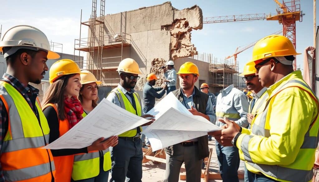 A busy construction site depicting the process of damage repair. In the foreground, a diverse group of skilled professionals in safety helmets and professional attire examine blueprints and discuss repair strategies. In the middle ground, workers are actively repairing a partially damaged wall, using tools like hammers and drills, showcasing teamwork and dedication. The background includes scaffolding and construction equipment under a bright, clear sky, emphasizing productivity. Use natural daylight to create a vibrant atmosphere, casting realistic shadows to enhance depth. Capture a focused and determined mood, highlighting the complexities and collaborative effort involved in the repair process. A busy construction site depicting the process of damage repair. In the foreground, a diverse group of skilled professionals in safety helmets and professional attire examine blueprints and discuss repair strategies. In the middle ground, workers are actively repairing a partially damaged wall, using tools like hammers and drills, showcasing teamwork and dedication. The background includes scaffolding and construction equipment under a bright, clear sky, emphasizing productivity. Use natural daylight to create a vibrant atmosphere, casting realistic shadows to enhance depth. Capture a focused and determined mood, highlighting the complexities and collaborative effort involved in the repair process.