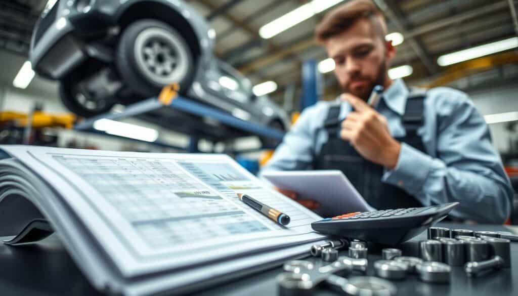 A close-up view of a mechanic's workspace focused on calculating repair costs for a vehicle. In the foreground, a detailed ledger or spreadsheet is opened, displaying numbers and diagrams, along with a calculator and a pen. In the middle ground, a mechanic in professional attire, such as a clean shirt and overalls, is thoughtfully reviewing the documents while surrounded by tools and equipment, including wrenches and sockets. The background shows a car lifted on a hydraulic lift, with bright overhead lights creating a well-lit, focused atmosphere. Use a depth of field effect to softly blur the background, highlighting the calculator and documents in sharp detail. The mood is analytical and professional, conveying the seriousness of calculating repair expenses in automotive maintenance.