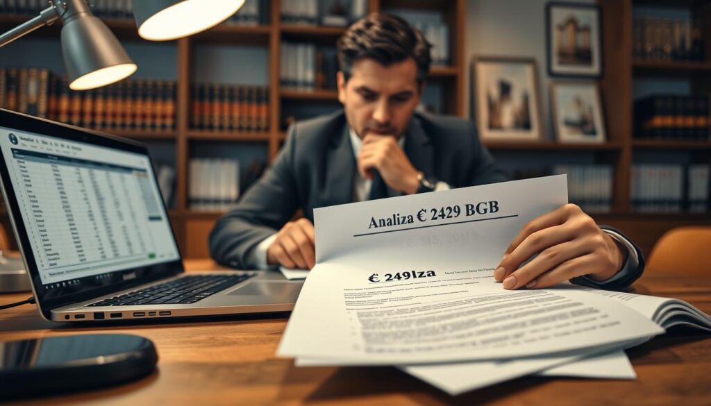 A close-up view of a professional lawyer's hands examining a legal document titled "Analiza § 249 BGB," resting on a sleek wooden desk. In the foreground, a modern laptop displays a spreadsheet with claims details, illuminated by soft, ambient light from a nearby desk lamp. In the middle, a thoughtful person in a crisp business suit is engaged in meticulous analysis, their brow furrowed in concentration. The background features shelves filled with legal books, a subtle hint of law-themed artwork on the walls, creating an atmosphere of professionalism and diligence. The lighting is warm and inviting, casting soft shadows that enhance the serious yet focused mood of the scene. A close-up view of a professional lawyer's hands examining a legal document titled "Analiza § 249 BGB," resting on a sleek wooden desk. In the foreground, a modern laptop displays a spreadsheet with claims details, illuminated by soft, ambient light from a nearby desk lamp. In the middle, a thoughtful person in a crisp business suit is engaged in meticulous analysis, their brow furrowed in concentration. The background features shelves filled with legal books, a subtle hint of law-themed artwork on the walls, creating an atmosphere of professionalism and diligence. The lighting is warm and inviting, casting soft shadows that enhance the serious yet focused mood of the scene.