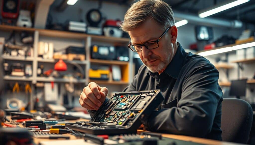 A close-up view of a technician working on electronic equipment, seated at a workstation filled with various tools and circuit boards. The technician, a middle-aged individual in professional attire, is carefully inspecting a disassembled device, with detailed focus on the intricate components inside. The background reveals shelves lined with electronic gadgets and spare parts, softly lit by overhead lights that create a warm, inviting atmosphere. The scene captures a sense of concentration and technical expertise, with the technician's facial expression reflecting determination and problem-solving. The image composition includes a shallow depth of field, emphasizing the technician and their work, while gently blurring the background elements to enhance the focus on electronic repair challenges. A close-up view of a technician working on electronic equipment, seated at a workstation filled with various tools and circuit boards. The technician, a middle-aged individual in professional attire, is carefully inspecting a disassembled device, with detailed focus on the intricate components inside. The background reveals shelves lined with electronic gadgets and spare parts, softly lit by overhead lights that create a warm, inviting atmosphere. The scene captures a sense of concentration and technical expertise, with the technician's facial expression reflecting determination and problem-solving. The image composition includes a shallow depth of field, emphasizing the technician and their work, while gently blurring the background elements to enhance the focus on electronic repair challenges.