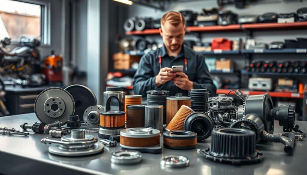A close-up view of original automotive spare parts displayed on a sleek, modern workshop table. The foreground features an array of meticulously arranged parts such as brakes, filters, and engine components, all showcasing their high-quality design with detailed textures and branding. The middle ground highlights a mechanic in professional attire, examining a specific part with a focused expression, reflecting expertise and care. The background includes shelves filled with organized spare parts, with soft ambient lighting illuminating the scene, creating a professional yet inviting atmosphere. The overall mood conveys reliability and efficiency, emphasizing the importance of original parts in vehicle performance.