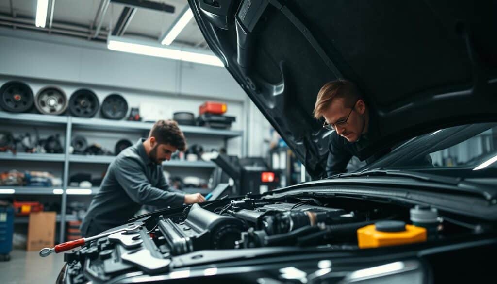 A contemporary automotive repair scene inside a well-lit garage, featuring a mechanic in professional attire working intently on the engine of a car, with tools like wrenches and screwdrivers scattered around. The foreground showcases the mechanic, focused on their task, while the middle ground includes an open hood revealing intricate engine parts, illuminated by bright overhead fluorescent lights. The background displays shelves lined with spare car parts and diagnostic equipment. The atmosphere conveys a sense of diligence and expertise, emphasizing the differences between repairing and replacing automotive components. The composition is shot from a slightly angled perspective, highlighting the mechanic’s concentration and the detailed mechanics of the car. A contemporary automotive repair scene inside a well-lit garage, featuring a mechanic in professional attire working intently on the engine of a car, with tools like wrenches and screwdrivers scattered around. The foreground showcases the mechanic, focused on their task, while the middle ground includes an open hood revealing intricate engine parts, illuminated by bright overhead fluorescent lights. The background displays shelves lined with spare car parts and diagnostic equipment. The atmosphere conveys a sense of diligence and expertise, emphasizing the differences between repairing and replacing automotive components. The composition is shot from a slightly angled perspective, highlighting the mechanic’s concentration and the detailed mechanics of the car.