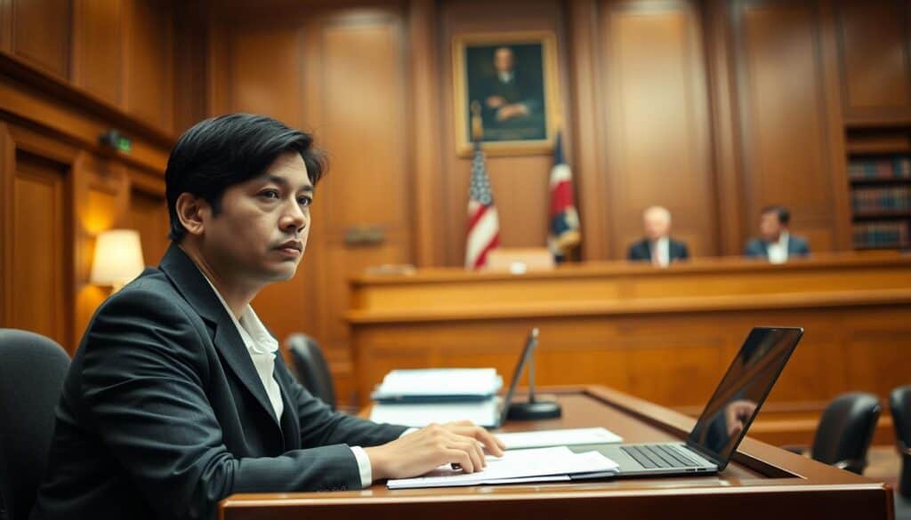 A courtroom setting showcasing a trial in progress, highlighting the theme of a victim's right to be aware and prepared. In the foreground, a serious but determined individual dressed in professional business attire, sitting at a table with legal documents and a laptop, representing the victim. In the middle ground, a judge seated at an elevated bench, flanked by two lawyers in formal suits who are engaged in a respectful discussion. The background features a room filled with wooden paneling and bookshelves, ambient lighting casting a warm glow, enhancing the atmosphere of importance and tension. The angle is slightly low to emphasize the gravity of the proceedings, while soft focus on the background elements creates depth and keeps the viewer's attention on the foreground.