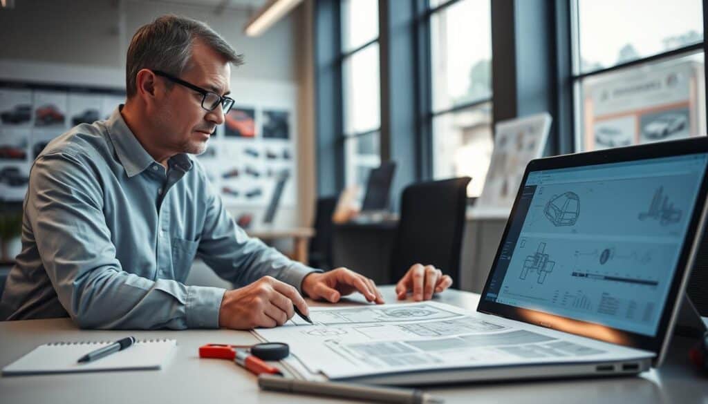 A detailed and professional office scene showcasing an automotive expert analyzing a technical opinion report. In the foreground, a focused male technician wearing a neatly pressed button-up shirt and glasses examines a detailed automotive blueprint spread across a modern desk. In the middle ground, a laptop displays graphs and charts related to technical assessments, surrounded by tools like calipers and a notepad with handwritten notes. In the background, large windows let in natural light, illuminating the office filled with automotive posters and diagrams. The atmosphere is serious yet analytical, emphasizing the importance of technical opinions in automotive evaluations. The image has a bright, well-lit ambiance, captured with a slightly tilted angle to add depth.