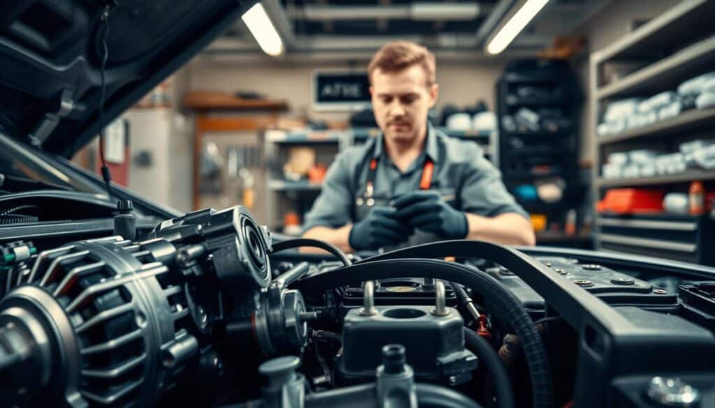 A detailed close-up of a car engine, highlighting original spare parts such as an alternator, battery, and belts, in the foreground. The parts should be shiny and well-maintained, emphasizing their quality. In the middle, a mechanic wearing a professional shirt and gloves inspects the parts with a focused expression, surrounded by tools and a workbench. The background features a workshop with organized tools, soft ambient lighting that creates a professional atmosphere, and shelves of spare parts. The scene should evoke a sense of reliability and professionalism, illustrating the importance of original parts in car repairs. The angle should capture the mechanic's hands working carefully, ensuring a clear focus on the original parts and their role in vehicle maintenance.