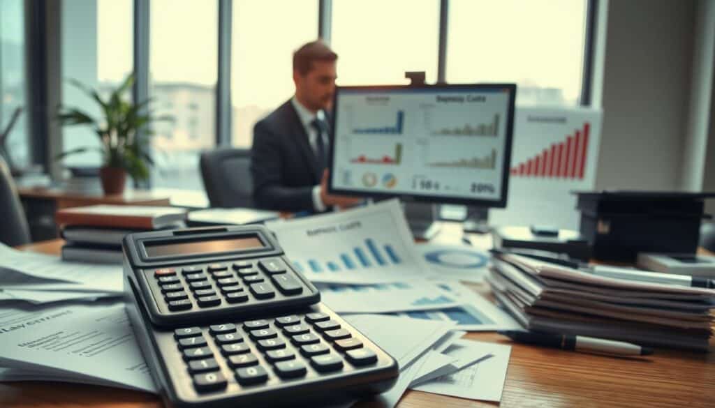 A detailed scene depicting a "damage calculator" in a modern office environment. In the foreground, a professional-looking calculator sits atop a cluttered desk, surrounded by documents and charts illustrating repair costs. In the middle ground, a businessperson wearing a smart suit analyzes the data on a computer screen, visibly concerned. The background features large windows letting in soft, natural light, casting a warm glow across the room and creating a sense of urgency and focus. The atmosphere is serious but determined, reflecting the complexities involved in calculating damages accurately. The camera angle is slightly elevated, providing a comprehensive view of the workspace without any distractions or text. A detailed scene depicting a "damage calculator" in a modern office environment. In the foreground, a professional-looking calculator sits atop a cluttered desk, surrounded by documents and charts illustrating repair costs. In the middle ground, a businessperson wearing a smart suit analyzes the data on a computer screen, visibly concerned. The background features large windows letting in soft, natural light, casting a warm glow across the room and creating a sense of urgency and focus. The atmosphere is serious but determined, reflecting the complexities involved in calculating damages accurately. The camera angle is slightly elevated, providing a comprehensive view of the workspace without any distractions or text.