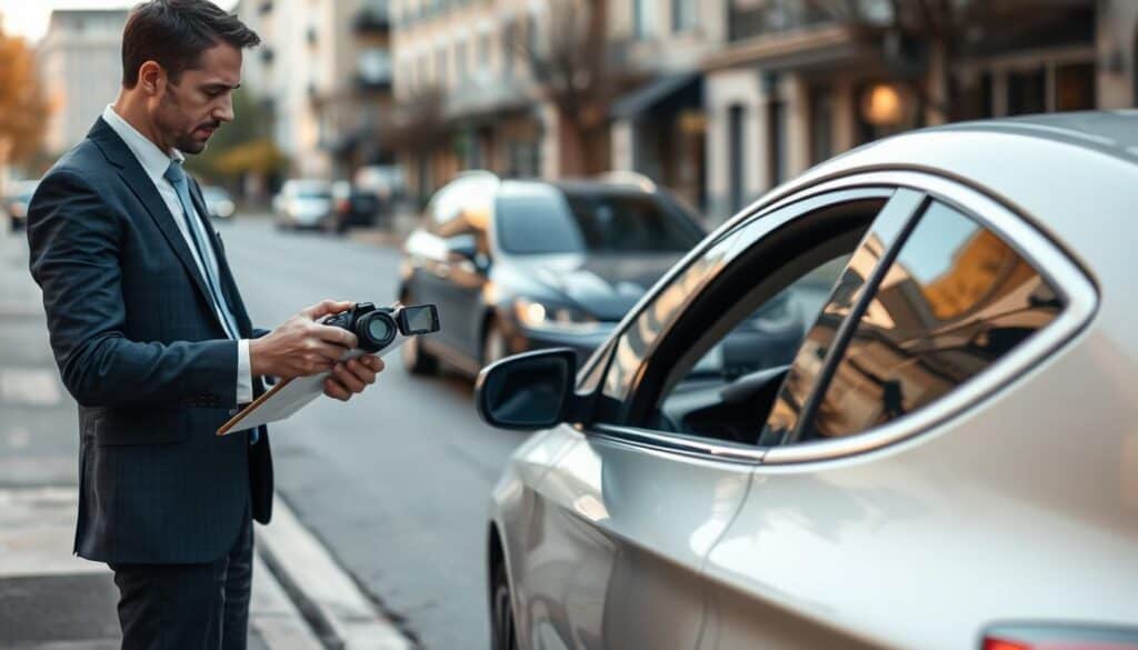 A detailed scene depicting a professional setting for documenting vehicle damage. In the foreground, a focused business professional, dressed in a smart suit, is examining a damaged car with a clipboard and a camera, capturing detailed photos of the damage. The middle ground shows the car with visible dents and scratches, parked on a quiet street. In the background, there are blurred buildings, hinting at an urban environment. Soft, natural light illuminates the scene, creating a calm and methodical atmosphere. The angle is slightly low, emphasizing the car's damage and the professional's thorough approach to documentation. The image should convey a sense of seriousness and professionalism in handling insurance claims. A detailed scene depicting a professional setting for documenting vehicle damage. In the foreground, a focused business professional, dressed in a smart suit, is examining a damaged car with a clipboard and a camera, capturing detailed photos of the damage. The middle ground shows the car with visible dents and scratches, parked on a quiet street. In the background, there are blurred buildings, hinting at an urban environment. Soft, natural light illuminates the scene, creating a calm and methodical atmosphere. The angle is slightly low, emphasizing the car's damage and the professional's thorough approach to documentation. The image should convey a sense of seriousness and professionalism in handling insurance claims.