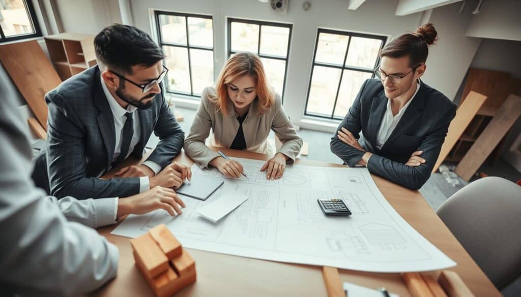 A detailed scene depicting the cost estimation process for repair damages in Germany. In the foreground, a diverse group of professionals in business attire—two men and one woman—are intensely discussing a large blueprint spread on a table, with a calculator and paperwork visible. The middle ground features construction materials like bricks and wood, representing repair work, while a modern office setting is visible in the background with large windows letting in natural light. Soft, diffused lighting creates a focused yet collaborative atmosphere. The camera angle is slightly above the table, offering a bird's-eye view that captures the engaged expressions of the professionals. The overall mood is serious but optimistic, reflecting the importance of accurate calculation in repair processes.