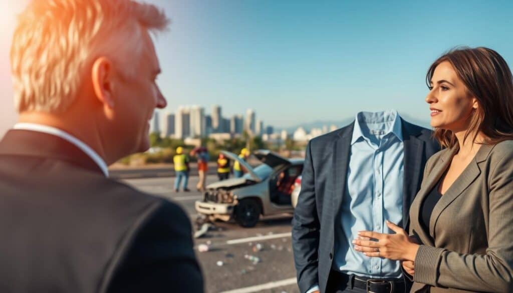 A detailed scene depicting the role of an insurance professional assisting clients in a car accident claim. In the foreground, a well-dressed insurance agent, a middle-aged man in a suit with a friendly demeanor, is engaged in conversation with a concerned woman in business casual attire, expressing her concerns about the accident. The middle ground features a car crash scene with a damaged vehicle, emergency responders, and scattered debris, symbolizing the impact of the accident. In the background, a cityscape under a clear blue sky adds context, with a hint of sunlight casting warm tones, creating a sense of collaboration and hope. The overall atmosphere is professional and supportive, reflecting the crucial role of the insurer in the claims process. Focus the composition with a slight depth of field to emphasize the interaction in the foreground. A detailed scene depicting the role of an insurance professional assisting clients in a car accident claim. In the foreground, a well-dressed insurance agent, a middle-aged man in a suit with a friendly demeanor, is engaged in conversation with a concerned woman in business casual attire, expressing her concerns about the accident. The middle ground features a car crash scene with a damaged vehicle, emergency responders, and scattered debris, symbolizing the impact of the accident. In the background, a cityscape under a clear blue sky adds context, with a hint of sunlight casting warm tones, creating a sense of collaboration and hope. The overall atmosphere is professional and supportive, reflecting the crucial role of the insurer in the claims process. Focus the composition with a slight depth of field to emphasize the interaction in the foreground.