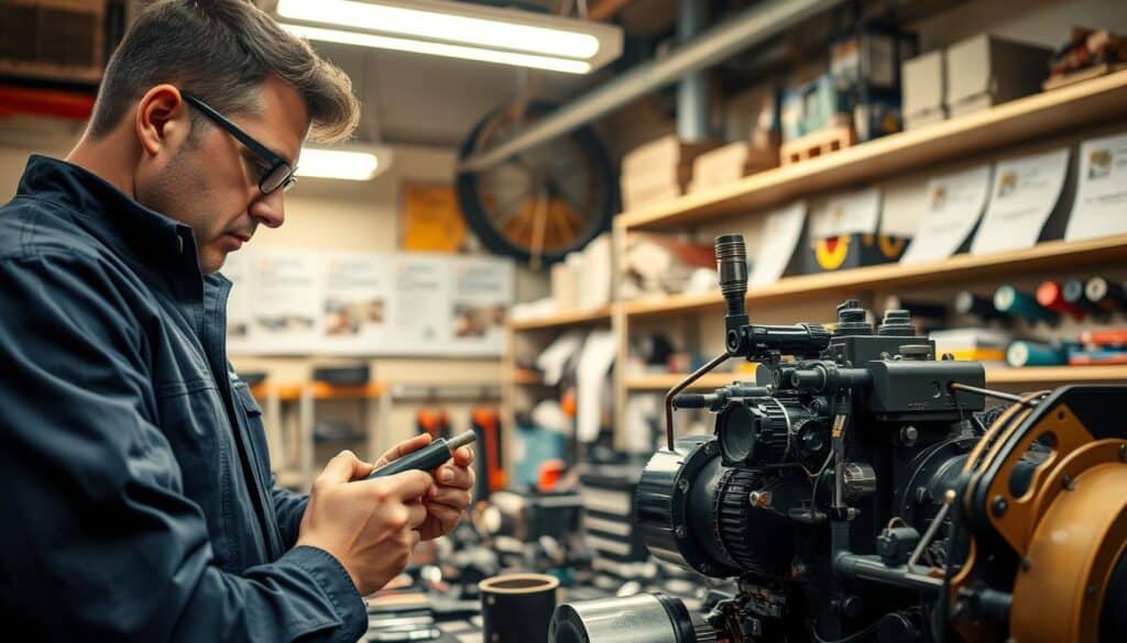 A detailed scene in a professional repair workshop, showcasing a skilled technician, dressed in smart work attire, focused on repairing a complex piece of machinery. In the foreground, the technician is using precision tools with a look of concentration. The middle ground reveals a well-organized workbench filled with various tools and mechanical parts. Behind, there are shelves lined with maintenance manuals and spare parts, illuminated by bright overhead lights. The atmosphere is one of diligence and expertise, with warm, soft lighting creating an inviting yet professional mood. The composition captures the essence of repair work and the importance of careful maintenance, encouraging a sense of responsibility and professionalism. A detailed scene in a professional repair workshop, showcasing a skilled technician, dressed in smart work attire, focused on repairing a complex piece of machinery. In the foreground, the technician is using precision tools with a look of concentration. The middle ground reveals a well-organized workbench filled with various tools and mechanical parts. Behind, there are shelves lined with maintenance manuals and spare parts, illuminated by bright overhead lights. The atmosphere is one of diligence and expertise, with warm, soft lighting creating an inviting yet professional mood. The composition captures the essence of repair work and the importance of careful maintenance, encouraging a sense of responsibility and professionalism.