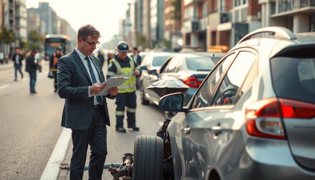 A detailed urban scene depicting a car accident analysis process. In the foreground, a professional in business attire examines a damaged vehicle, taking notes on a clipboard, while another person stands nearby, pointing at the wreckage. In the middle ground, emergency services are present, discussing the situation and assessing the damages. The background features a busy street with onlookers maintaining a respectful distance. Soft, diffused daylight illuminates the scene, creating a calm, focused atmosphere. A wide-angle view captures the larger context of the accident, with clear details of the vehicles and the environment, portraying an organized response to a road incident. The image conveys professionalism and diligence in accident management. A detailed urban scene depicting a car accident analysis process. In the foreground, a professional in business attire examines a damaged vehicle, taking notes on a clipboard, while another person stands nearby, pointing at the wreckage. In the middle ground, emergency services are present, discussing the situation and assessing the damages. The background features a busy street with onlookers maintaining a respectful distance. Soft, diffused daylight illuminates the scene, creating a calm, focused atmosphere. A wide-angle view captures the larger context of the accident, with clear details of the vehicles and the environment, portraying an organized response to a road incident. The image conveys professionalism and diligence in accident management.