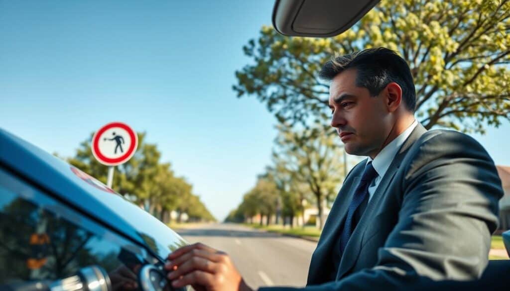 A dynamic scene illustrating road responsibility, featuring a professional-looking driver in a business suit inspecting a vehicle's bumper after a minor accident in the foreground. In the middle ground, a roadway sign indicating traffic rules stands prominently. The background should depict a suburban environment with trees lining the road and a clear blue sky, invoking a sense of awareness about road safety. The lighting is bright, simulating a sunny day that emphasizes clarity and caution on the road. Capture this from a slightly elevated angle to encompass both the driver’s focused expression and the surrounding environment, conveying a mood of accountability and seriousness regarding road regulations. No text or overlays are included. A dynamic scene illustrating road responsibility, featuring a professional-looking driver in a business suit inspecting a vehicle's bumper after a minor accident in the foreground. In the middle ground, a roadway sign indicating traffic rules stands prominently. The background should depict a suburban environment with trees lining the road and a clear blue sky, invoking a sense of awareness about road safety. The lighting is bright, simulating a sunny day that emphasizes clarity and caution on the road. Capture this from a slightly elevated angle to encompass both the driver’s focused expression and the surrounding environment, conveying a mood of accountability and seriousness regarding road regulations. No text or overlays are included.