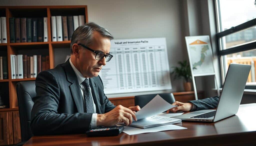 A focused scene depicting a professional assessor in an office environment, reviewing an insurance claim. In the foreground, a middle-aged man in formal business attire, with glasses, examines documents on a polished wooden desk, a calculator and a laptop nearby. His expression is thoughtful and concentrated. In the middle ground, a detailed wall chart displays repair cost estimates, while a window reveals a sunny day outside, adding natural light to the scene. The background features shelves lined with reference books on valuation and compensation practices. The mood is serious and professional, reflecting the importance of accuracy in the assessment process. Soft lighting creates a calm atmosphere, highlighting the assessors' expertise amidst an organized workspace. A focused scene depicting a professional assessor in an office environment, reviewing an insurance claim. In the foreground, a middle-aged man in formal business attire, with glasses, examines documents on a polished wooden desk, a calculator and a laptop nearby. His expression is thoughtful and concentrated. In the middle ground, a detailed wall chart displays repair cost estimates, while a window reveals a sunny day outside, adding natural light to the scene. The background features shelves lined with reference books on valuation and compensation practices. The mood is serious and professional, reflecting the importance of accuracy in the assessment process. Soft lighting creates a calm atmosphere, highlighting the assessors' expertise amidst an organized workspace.