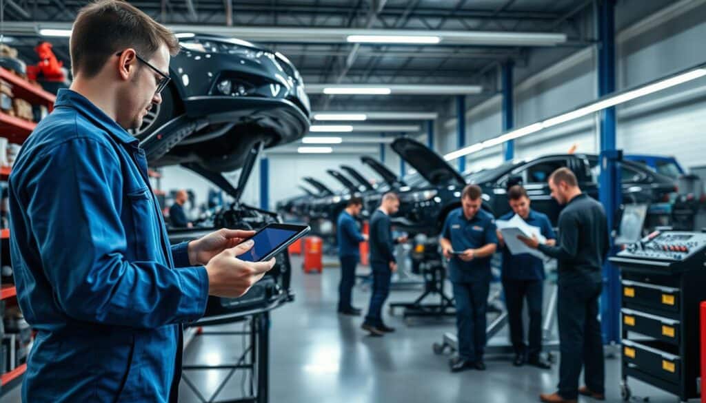 A high-tech automotive repair workshop with advanced diagnostic tools and equipment in the foreground. A professional technician, dressed in a crisp blue jumpsuit, meticulously analyzing a vehicle’s complex electronic systems on a digital tablet. In the middle ground, various vehicles are lifted on racks, showcasing detailed engine parts and repair instruments, while technicians collaborate, examining technical diagrams and data. The background features organized shelves filled with tools and parts, creating a sense of order and professionalism. The scene is illuminated by bright, white LED lights, casting clear shadows and highlighting the precision of the work. The atmosphere is focused and industrious, conveying a sense of expertise in vehicle repair costs analysis. A high-tech automotive repair workshop with advanced diagnostic tools and equipment in the foreground. A professional technician, dressed in a crisp blue jumpsuit, meticulously analyzing a vehicle’s complex electronic systems on a digital tablet. In the middle ground, various vehicles are lifted on racks, showcasing detailed engine parts and repair instruments, while technicians collaborate, examining technical diagrams and data. The background features organized shelves filled with tools and parts, creating a sense of order and professionalism. The scene is illuminated by bright, white LED lights, casting clear shadows and highlighting the precision of the work. The atmosphere is focused and industrious, conveying a sense of expertise in vehicle repair costs analysis.