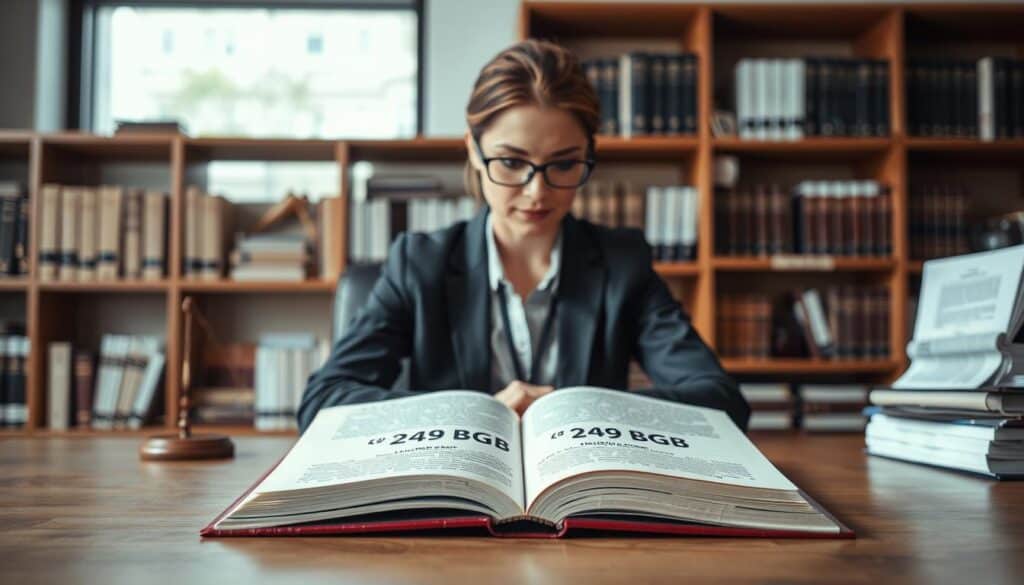 A legal office environment featuring a large wooden desk with an open law book displaying the text "§ 249 BGB" prominently. In the foreground, a professional figure, a businesswoman in a tailored suit, is studying the book intently, her glasses perched on her nose. In the middle ground, there are shelves filled with legal books and documents, creating an atmosphere of authority and professionalism. The background includes a large window with natural light streaming through, illuminating the scene softly. The overall mood is serious and contemplative, reflecting the critical analysis of legal matters, particularly related to insurance aspects. The image captures the essence of law and professionalism in a modern workspace. A legal office environment featuring a large wooden desk with an open law book displaying the text "§ 249 BGB" prominently. In the foreground, a professional figure, a businesswoman in a tailored suit, is studying the book intently, her glasses perched on her nose. In the middle ground, there are shelves filled with legal books and documents, creating an atmosphere of authority and professionalism. The background includes a large window with natural light streaming through, illuminating the scene softly. The overall mood is serious and contemplative, reflecting the critical analysis of legal matters, particularly related to insurance aspects. The image captures the essence of law and professionalism in a modern workspace.