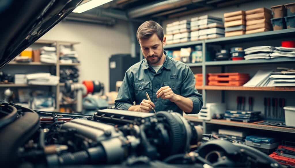 A mechanic in a professional uniform examining a car engine in a well-lit garage, surrounded by various tools scattered on a workbench. The mechanic is focused and looks determined, emphasizing the importance of repairs. In the middle ground, the partially disassembled engine shows intricate components, while in the background, shelves filled with automotive parts and repair manuals create an organized yet busy workshop atmosphere. Soft, warm lighting enhances the scene, creating an inviting and professional feel. The angle captures how the mechanic interacts with the vehicle, showcasing the meticulous nature of repair work, reflecting the contrast between the costs of repairs and insurance claims. The mood conveys diligence and expertise in vehicle restoration.