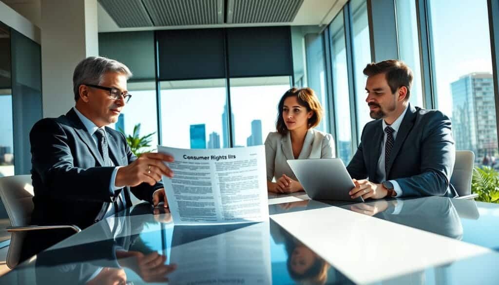 A modern office scene set in a well-lit room, conveying a professional atmosphere. In the foreground, a diverse group of three individuals—two men and one woman—are seated around a sleek conference table, looking intently at a document that outlines consumer rights in Germany. The man on the left, dressed in a tailored suit, gestures towards the document, while the woman, in a smart blouse, listens attentively. The other man, in business casual attire, takes notes on a laptop. In the middle, a large window reveals a bustling cityscape, with clear blue skies and sunlight streaming in, creating a warm and inviting environment. The color palette features soft blues and greens to evoke tranquility and trust. The focus is on the engaged expressions and collaborative spirit, encapsulating the essence of understanding consumer rights and the importance of accurate pricing in repairs. A modern office scene set in a well-lit room, conveying a professional atmosphere. In the foreground, a diverse group of three individuals—two men and one woman—are seated around a sleek conference table, looking intently at a document that outlines consumer rights in Germany. The man on the left, dressed in a tailored suit, gestures towards the document, while the woman, in a smart blouse, listens attentively. The other man, in business casual attire, takes notes on a laptop. In the middle, a large window reveals a bustling cityscape, with clear blue skies and sunlight streaming in, creating a warm and inviting environment. The color palette features soft blues and greens to evoke tranquility and trust. The focus is on the engaged expressions and collaborative spirit, encapsulating the essence of understanding consumer rights and the importance of accurate pricing in repairs.