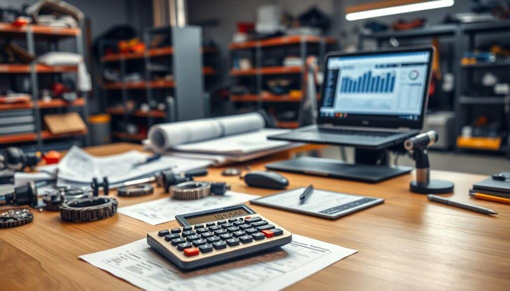 A modern workspace featuring tools for damage calculation in an auto repair setting. In the foreground, a sleek calculator is prominently placed on a wooden desk, surrounded by various well-organized mechanical parts and invoices, hinting at the complexities of repair costs. The middle ground shows a gently lit drafting table with blueprints and a laptop displaying a damage evaluation software interface. In the background, soft-focus shelves filled with automotive parts and tools create a professional atmosphere. The lighting is warm and inviting, suggesting a busy yet organized work environment. This image should evoke a sense of precision, professionalism, and the technical nature of the damage calculation process, perfect for illustrating a dedicated section on tools for calculating damages. A modern workspace featuring tools for damage calculation in an auto repair setting. In the foreground, a sleek calculator is prominently placed on a wooden desk, surrounded by various well-organized mechanical parts and invoices, hinting at the complexities of repair costs. The middle ground shows a gently lit drafting table with blueprints and a laptop displaying a damage evaluation software interface. In the background, soft-focus shelves filled with automotive parts and tools create a professional atmosphere. The lighting is warm and inviting, suggesting a busy yet organized work environment. This image should evoke a sense of precision, professionalism, and the technical nature of the damage calculation process, perfect for illustrating a dedicated section on tools for calculating damages.