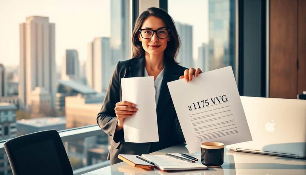 A professional and confident businesswoman in a modern office environment, standing beside a large window overlooking a city skyline. She's dressed in a smart blazer and glasses, holding a legal document titled "§ 115 VVG". In the foreground, her expression is focused and determined. In the middle ground, a sleek desk with a laptop, notebook, and a cup of coffee emphasizes a busy work setting. The background features tall buildings bathed in soft afternoon light, casting warm shadows. The scene conveys a mood of empowerment and clarity, highlighting the importance of legal proceedings without the need for direct communication with the perpetrator. The composition should be framed with a slight upward angle to evoke optimism and professionalism, with natural light enhancing the atmosphere. A professional and confident businesswoman in a modern office environment, standing beside a large window overlooking a city skyline. She's dressed in a smart blazer and glasses, holding a legal document titled "§ 115 VVG". In the foreground, her expression is focused and determined. In the middle ground, a sleek desk with a laptop, notebook, and a cup of coffee emphasizes a busy work setting. The background features tall buildings bathed in soft afternoon light, casting warm shadows. The scene conveys a mood of empowerment and clarity, highlighting the importance of legal proceedings without the need for direct communication with the perpetrator. The composition should be framed with a slight upward angle to evoke optimism and professionalism, with natural light enhancing the atmosphere.