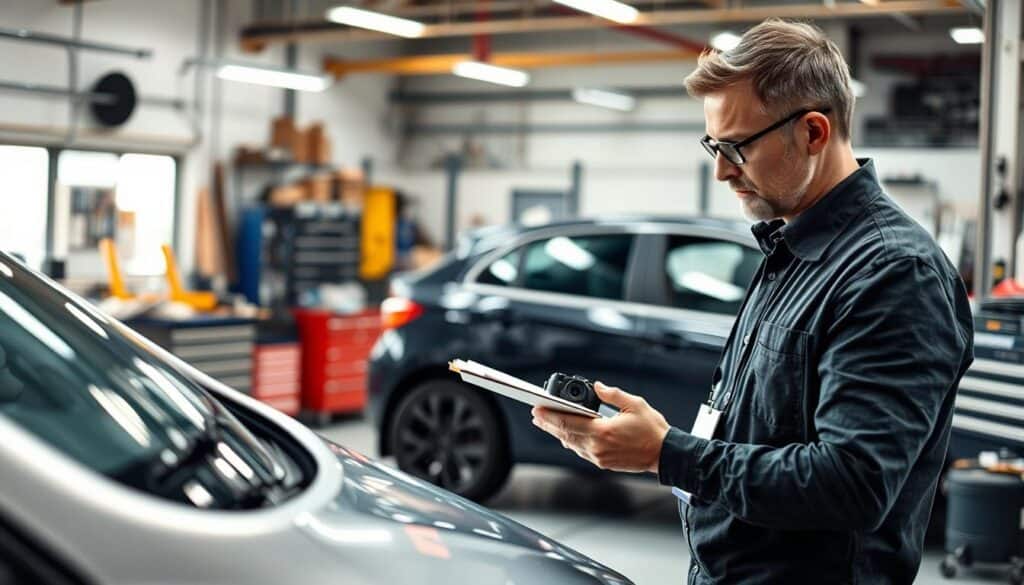 A professional auto documentation scene depicting a vehicle being thoroughly examined by a technician. In the foreground, a focused technician in smart casual attire examines a car with a clipboard and a digital camera, taking notes on visible damages. The middle section showcases the car, displaying dents and scratches under bright, natural lighting highlighting the details. In the background, a well-organized workshop filled with tools and equipment emphasizes a technical atmosphere. The image is captured with a slight depth of field, keeping the technician and the vehicle in sharp focus while softly blurring the background. The mood is serious and professional, reflecting the meticulous nature of vehicle documentation and technical assessment. A professional auto documentation scene depicting a vehicle being thoroughly examined by a technician. In the foreground, a focused technician in smart casual attire examines a car with a clipboard and a digital camera, taking notes on visible damages. The middle section showcases the car, displaying dents and scratches under bright, natural lighting highlighting the details. In the background, a well-organized workshop filled with tools and equipment emphasizes a technical atmosphere. The image is captured with a slight depth of field, keeping the technician and the vehicle in sharp focus while softly blurring the background. The mood is serious and professional, reflecting the meticulous nature of vehicle documentation and technical assessment.