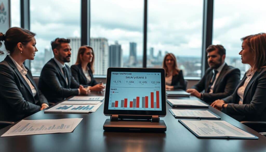 A professional business meeting scene set in a modern office in Germany. In the foreground, a diverse group of professionals, dressed in smart business attire, are discussing salary figures displayed on a digital tablet and charts on the table, indicating the influence of wages on total costs. In the middle background, a large window shows a view of a bustling cityscape, symbolizing economic activity. The atmosphere is focused and analytical, with warm, soft lighting highlighting the seriousness of the meeting. A sleek conference table with various documents and a laptop enhances the corporate setting, inviting viewers to understand the connection between wages and overall financial evaluations. A shallow depth of field emphasizes the group while keeping the background slightly blurred. A professional business meeting scene set in a modern office in Germany. In the foreground, a diverse group of professionals, dressed in smart business attire, are discussing salary figures displayed on a digital tablet and charts on the table, indicating the influence of wages on total costs. In the middle background, a large window shows a view of a bustling cityscape, symbolizing economic activity. The atmosphere is focused and analytical, with warm, soft lighting highlighting the seriousness of the meeting. A sleek conference table with various documents and a laptop enhances the corporate setting, inviting viewers to understand the connection between wages and overall financial evaluations. A shallow depth of field emphasizes the group while keeping the background slightly blurred.