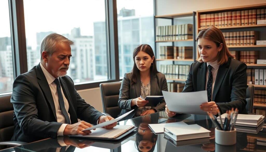 A professional business setting in a modern office with a focus on an insurance representative engaged in a discussion with a client. In the foreground, display the representative, a middle-aged person in smart business attire, seated at a sleek desk, reviewing paperwork with a concerned expression. The client, a young adult in modest casual clothing, listens attentively, holding a pen and notepad. In the middle ground, a window shows an urban landscape, representing the legal and professional context. Warm, natural lighting filters through the glass, creating a comfortable atmosphere. The background features shelves filled with law books and insurance policy documents, emphasizing the theme of compensation and rights for victims. The overall mood conveys professionalism, trust, and clarity. A professional business setting in a modern office with a focus on an insurance representative engaged in a discussion with a client. In the foreground, display the representative, a middle-aged person in smart business attire, seated at a sleek desk, reviewing paperwork with a concerned expression. The client, a young adult in modest casual clothing, listens attentively, holding a pen and notepad. In the middle ground, a window shows an urban landscape, representing the legal and professional context. Warm, natural lighting filters through the glass, creating a comfortable atmosphere. The background features shelves filled with law books and insurance policy documents, emphasizing the theme of compensation and rights for victims. The overall mood conveys professionalism, trust, and clarity.