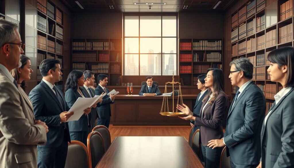 A professional courtroom scene focusing on legal interpretation and the concept of harm in a judicial process. In the foreground, a diverse group of individuals in smart business attire—one holding legal documents, another gesturing towards a scale of justice. In the middle, a large courtroom with a judge presiding at the bench, surrounded by bookshelves filled with law texts. The background features a window showing a view of a city skyline, infused with soft, natural light streaming in to create an atmosphere of seriousness yet hope. Use a wide-angle lens to capture the grandeur of the setting, enhancing the mood of accountability and awareness within the legal realm.