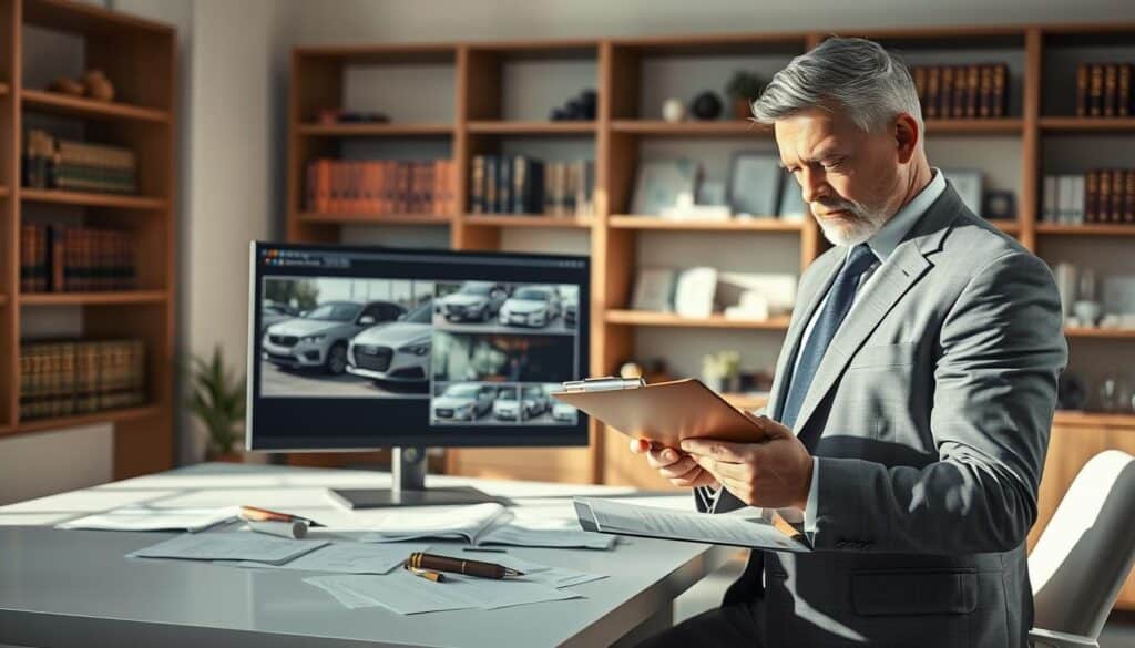 A professional evaluator assessing vehicle damage in a brightly lit office space. The foreground features a well-dressed expert in a tailored suit, holding a clipboard and examining a detailed report. In the middle ground, a computer screen displays images of a damaged car with various annotations and documents scattered on a sleek desk. The background reveals shelves filled with legal books and industry certifications, highlighting professionalism. Soft, natural lighting streams through a window, creating a calm yet focused atmosphere. The expert’s expression is serious and concentrated, conveying the crucial role of an evaluator in post-accident scenarios. The image captures a sense of trust and authority in decision-making, emphasizing the importance of choosing the right expert for the job. A professional evaluator assessing vehicle damage in a brightly lit office space. The foreground features a well-dressed expert in a tailored suit, holding a clipboard and examining a detailed report. In the middle ground, a computer screen displays images of a damaged car with various annotations and documents scattered on a sleek desk. The background reveals shelves filled with legal books and industry certifications, highlighting professionalism. Soft, natural lighting streams through a window, creating a calm yet focused atmosphere. The expert’s expression is serious and concentrated, conveying the crucial role of an evaluator in post-accident scenarios. The image captures a sense of trust and authority in decision-making, emphasizing the importance of choosing the right expert for the job.