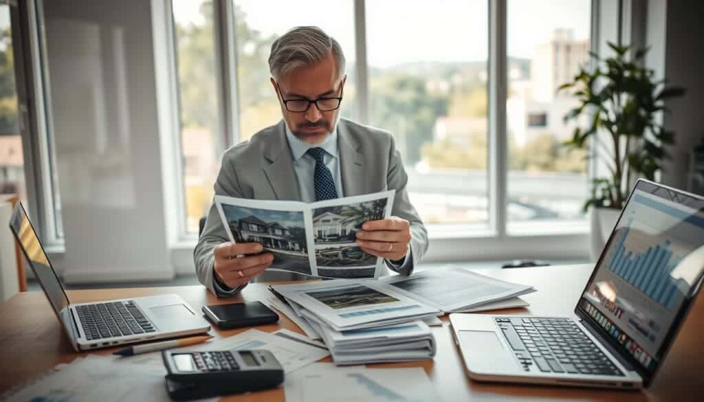 A professional insurance adjuster in a modern office setting, meticulously evaluating property damage in a detailed report. The foreground features the adjuster, a middle-aged person dressed in professional business attire, examining photographs of damage to a home. The middle layer showcases a well-organized desk cluttered with documents, a calculator, and a laptop displaying graphs. In the background, large windows let in natural light, casting a soft glow on the room while outdoor elements like trees and distant buildings are visible. The mood is analytical and focused, emphasizing the importance of thorough assessments in the claims process. The composition captures a sense of professionalism and diligence, suited for an article discussing the critical role of adjusters in insurance evaluations. A professional insurance adjuster in a modern office setting, meticulously evaluating property damage in a detailed report. The foreground features the adjuster, a middle-aged person dressed in professional business attire, examining photographs of damage to a home. The middle layer showcases a well-organized desk cluttered with documents, a calculator, and a laptop displaying graphs. In the background, large windows let in natural light, casting a soft glow on the room while outdoor elements like trees and distant buildings are visible. The mood is analytical and focused, emphasizing the importance of thorough assessments in the claims process. The composition captures a sense of professionalism and diligence, suited for an article discussing the critical role of adjusters in insurance evaluations.
