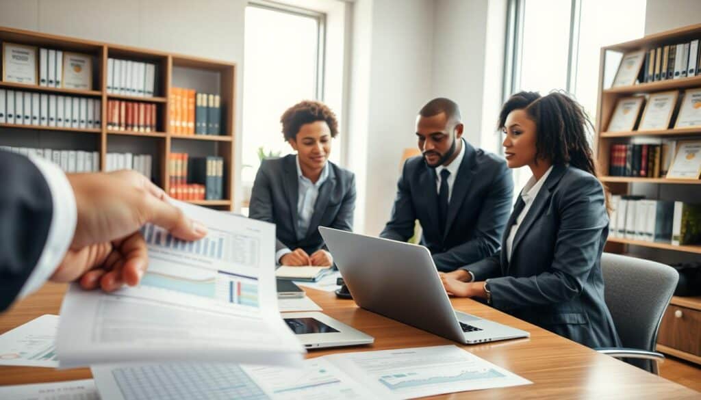 A professional insurance consultant's office scene depicting a diverse group of three individuals in business attire engaged in a discussion around a large table covered with documents and a laptop. The foreground features a close-up of a hand pointing at a detailed insurance report, symbolizing analysis and technical evaluation. In the middle ground, the trio appears focused and collaborative, with a backdrop of shelves filled with insurance books and certificates that convey authority and expertise. Soft, natural lighting filters through a window, creating a warm atmosphere. The angle is slightly elevated, providing a clear view of the interaction, emphasizing teamwork in a modern, sleek office environment.