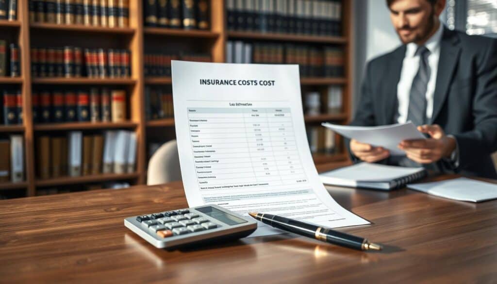 A professional insurance cost estimation document displayed prominently on a sleek wooden desk, with an elegant calculator and a fountain pen beside it. In the background, partially blurred, are shelves filled with legal books and insurance policy binders, hinting at a serious and professional environment. Soft, natural lighting filters through a nearby window, casting gentle shadows and adding warmth to the scene. The mood is focused and analytical, embodying the essence of expert consultation. A business professional in smart attire can be seen in the background, discussing figures with an unseen client, reinforcing the theme of technical analysis and customer feedback on expert help.