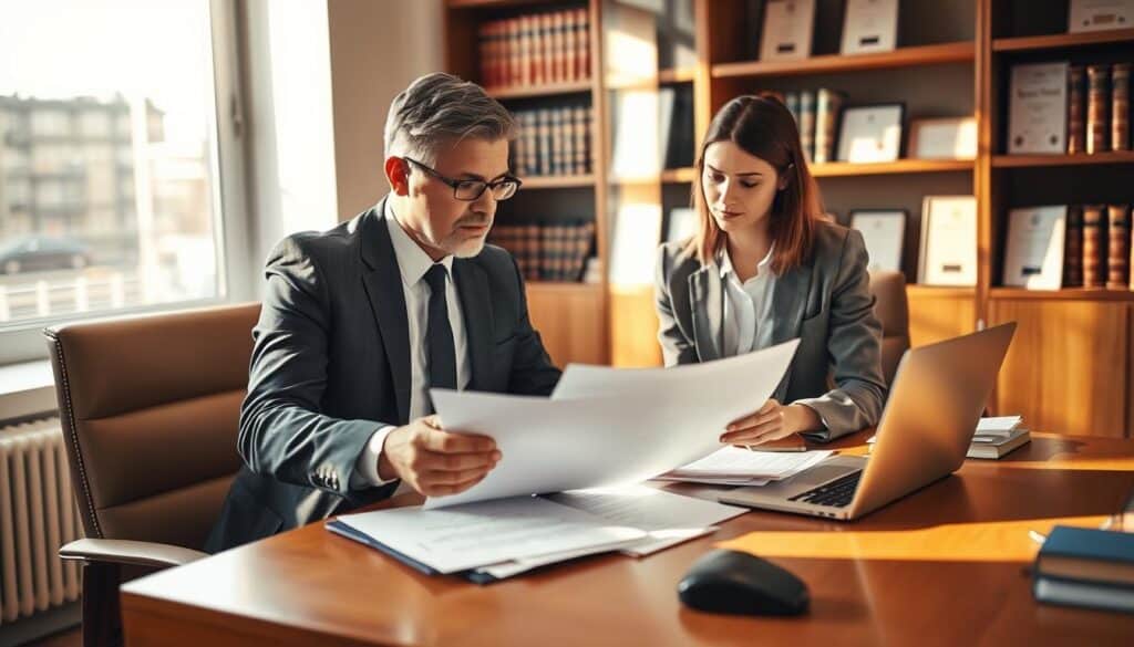 A professional lawyer in a modern office environment, assisting a client with insurance claims paperwork. The lawyer, a middle-aged man in a tailored suit, is focused and attentive, guiding a young woman dressed in business casual attire. They are seated at a polished wooden desk cluttered with legal documents and a laptop, illustrating a collaborative atmosphere. Warm light from a window creates a welcoming glow, casting soft shadows. In the background, shelves filled with law books and certificates contribute to a sense of professionalism. The mood is one of support and trust, emphasizing the importance of legal expertise in navigating complex insurance proceedings. A professional lawyer in a modern office environment, assisting a client with insurance claims paperwork. The lawyer, a middle-aged man in a tailored suit, is focused and attentive, guiding a young woman dressed in business casual attire. They are seated at a polished wooden desk cluttered with legal documents and a laptop, illustrating a collaborative atmosphere. Warm light from a window creates a welcoming glow, casting soft shadows. In the background, shelves filled with law books and certificates contribute to a sense of professionalism. The mood is one of support and trust, emphasizing the importance of legal expertise in navigating complex insurance proceedings.