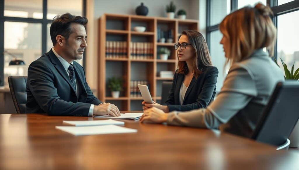 A professional lawyer in a modern office setting, discussing insurance claims with a client, who appears focused and engaged. In the foreground, the lawyer, dressed in a tailored navy suit, sits at a sleek wooden desk, facing the client, a woman in smart casual attire. Papers and a laptop are visible, highlighting the nature of the conversation. The middle ground features large windows letting in soft, natural light, creating a warm atmosphere. In the background, a bookshelf filled with legal texts and decorative plants adds to the professional environment. The overall mood is serious yet hopeful, emphasizing trust and collaboration in the legal process around insurance claims. Use a shallow depth of field to draw attention to the interaction, with a soft-focus effect on the background. A professional lawyer in a modern office setting, discussing insurance claims with a client, who appears focused and engaged. In the foreground, the lawyer, dressed in a tailored navy suit, sits at a sleek wooden desk, facing the client, a woman in smart casual attire. Papers and a laptop are visible, highlighting the nature of the conversation. The middle ground features large windows letting in soft, natural light, creating a warm atmosphere. In the background, a bookshelf filled with legal texts and decorative plants adds to the professional environment. The overall mood is serious yet hopeful, emphasizing trust and collaboration in the legal process around insurance claims. Use a shallow depth of field to draw attention to the interaction, with a soft-focus effect on the background.