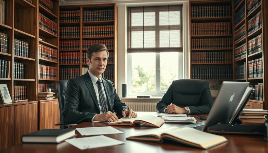 A professional legal office scene illustrating the concept of "roszczenie odszkodowawcze." In the foreground, a focused legal advisor in a smart business suit is sitting at a sleek wooden desk, surrounded by documents, a laptop, and a legal briefcase open with papers visible. The middle ground features a large bookshelf filled with law books and case law references, giving an authoritative atmosphere. In the background, a window allows natural light to flood the room, casting soft shadows that add depth. The overall mood is serious and supportive, reflecting the importance of legal assistance in compensation claims. The color palette is warm with soft lighting to evoke a feeling of trust and professionalism. A professional legal office scene illustrating the concept of "roszczenie odszkodowawcze." In the foreground, a focused legal advisor in a smart business suit is sitting at a sleek wooden desk, surrounded by documents, a laptop, and a legal briefcase open with papers visible. The middle ground features a large bookshelf filled with law books and case law references, giving an authoritative atmosphere. In the background, a window allows natural light to flood the room, casting soft shadows that add depth. The overall mood is serious and supportive, reflecting the importance of legal assistance in compensation claims. The color palette is warm with soft lighting to evoke a feeling of trust and professionalism.