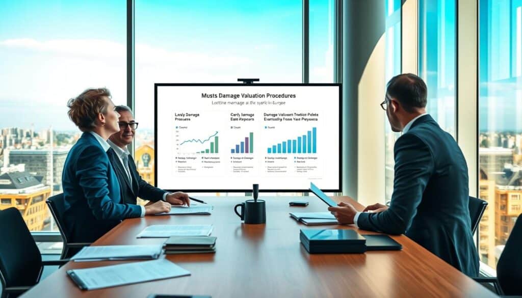 A professional meeting scene in a modern office setting in Germany, focusing on the discussion of damage valuation procedures. In the foreground, a group of four professionals dressed in business attire engaged in a lively discussion around a large conference table filled with documents and digital devices. The middle ground features a detailed presentation screen displaying graphs and key points related to damage assessment in Europe. The background showcases floor-to-ceiling windows with a view of a city skyline under a clear blue sky, allowing sunlight to brightly illuminate the room, creating a warm and collaborative atmosphere. The overall mood conveys professionalism, teamwork, and a focus on meticulous evaluation processes, highlighting differences in damage valuation approaches across Europe. A professional meeting scene in a modern office setting in Germany, focusing on the discussion of damage valuation procedures. In the foreground, a group of four professionals dressed in business attire engaged in a lively discussion around a large conference table filled with documents and digital devices. The middle ground features a detailed presentation screen displaying graphs and key points related to damage assessment in Europe. The background showcases floor-to-ceiling windows with a view of a city skyline under a clear blue sky, allowing sunlight to brightly illuminate the room, creating a warm and collaborative atmosphere. The overall mood conveys professionalism, teamwork, and a focus on meticulous evaluation processes, highlighting differences in damage valuation approaches across Europe.