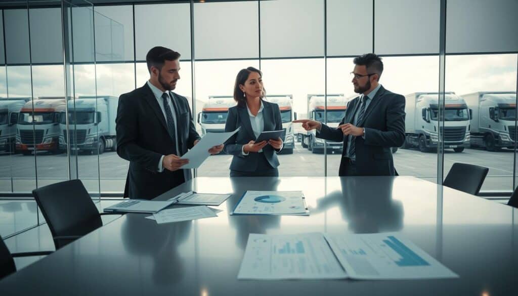 A professional, modern office setting within a transportation company, showcasing a serious discussion about legal responsibility. In the foreground, a diverse group of three businesspeople in professional attire—one man reviewing documents, a woman taking notes, and another man pointing at a digital display showing insurance data. In the middle, a large window revealing a fleet of trucks parked outside, symbolizing the transport industry. The background includes a sleek conference table, charts, and legal documents emphasizing the concept of OC (liability insurance). Soft, natural lighting enhances the focus on the discussions while creating a professional atmosphere. The angle captures the intensity of the conversation, evoking a mood of responsibility and accountability. A professional, modern office setting within a transportation company, showcasing a serious discussion about legal responsibility. In the foreground, a diverse group of three businesspeople in professional attire—one man reviewing documents, a woman taking notes, and another man pointing at a digital display showing insurance data. In the middle, a large window revealing a fleet of trucks parked outside, symbolizing the transport industry. The background includes a sleek conference table, charts, and legal documents emphasizing the concept of OC (liability insurance). Soft, natural lighting enhances the focus on the discussions while creating a professional atmosphere. The angle captures the intensity of the conversation, evoking a mood of responsibility and accountability.