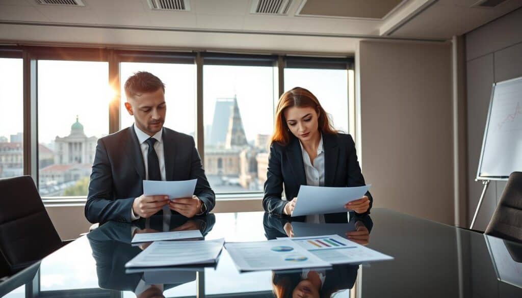 A professional negotiation scene set in a modern office in Germany. In the foreground, a confident businessman and a poised businesswoman, both dressed in professional attire, are engaged in a focused discussion at a sleek, glass conference table, reviewing documents related to insurance compensation. The middle ground features a large window with natural light pouring in, showcasing a view of a contemporary city skyline with typical German architecture. The background includes a whiteboard with charts and figures, indicating negotiations. Soft, warm lighting enhances the atmosphere, suggesting professionalism and an air of collaboration. The overall mood is tense yet optimistic, reflecting the importance of effectively negotiating compensation in a professional environment. A professional negotiation scene set in a modern office in Germany. In the foreground, a confident businessman and a poised businesswoman, both dressed in professional attire, are engaged in a focused discussion at a sleek, glass conference table, reviewing documents related to insurance compensation. The middle ground features a large window with natural light pouring in, showcasing a view of a contemporary city skyline with typical German architecture. The background includes a whiteboard with charts and figures, indicating negotiations. Soft, warm lighting enhances the atmosphere, suggesting professionalism and an air of collaboration. The overall mood is tense yet optimistic, reflecting the importance of effectively negotiating compensation in a professional environment.