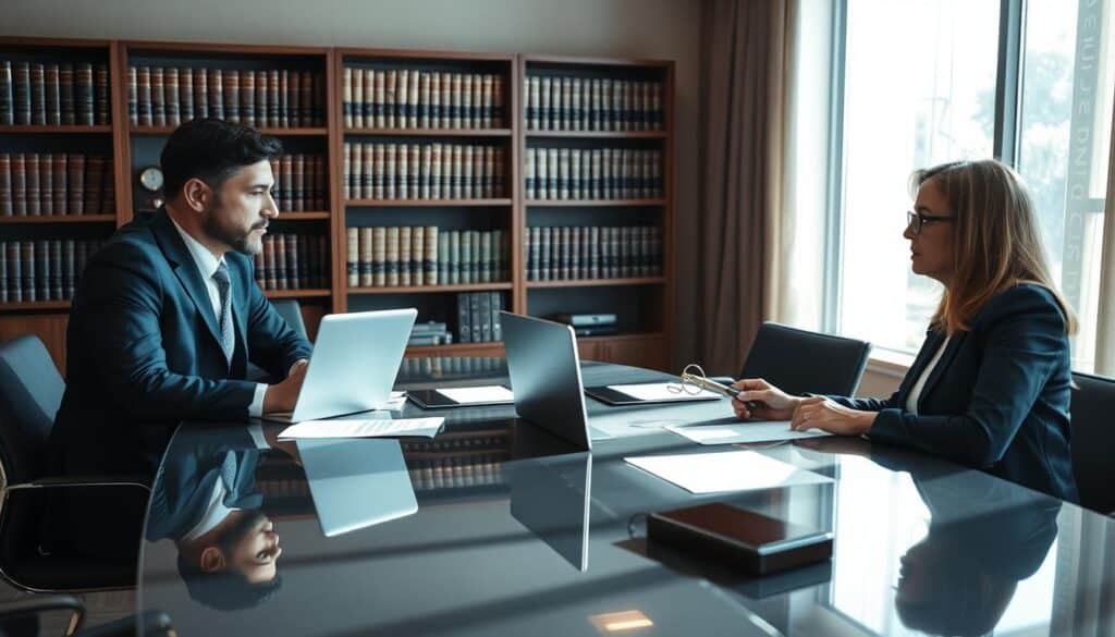 A professional office environment depicting a legal representative and an insurance claims adjuster engaged in a discussion about direct claims versus traditional claims. In the foreground, the two professionals are seated at a sleek conference table, with a laptop and documents spread out in front of them. The middle ground features a large window allowing natural light to flood the room, casting soft shadows that create a dynamic atmosphere. The background includes bookshelves filled with law books and insurance policies, emphasizing the concept of insurance law. The mood is serious yet collaborative, highlighting the importance of communication in the claims process. The professionals wear formal business attire, exuding professionalism and competence in their field. The overall color palette is warm and inviting, with a focus on deep blues and grays, conveying trust and reliability. A professional office environment depicting a legal representative and an insurance claims adjuster engaged in a discussion about direct claims versus traditional claims. In the foreground, the two professionals are seated at a sleek conference table, with a laptop and documents spread out in front of them. The middle ground features a large window allowing natural light to flood the room, casting soft shadows that create a dynamic atmosphere. The background includes bookshelves filled with law books and insurance policies, emphasizing the concept of insurance law. The mood is serious yet collaborative, highlighting the importance of communication in the claims process. The professionals wear formal business attire, exuding professionalism and competence in their field. The overall color palette is warm and inviting, with a focus on deep blues and grays, conveying trust and reliability.