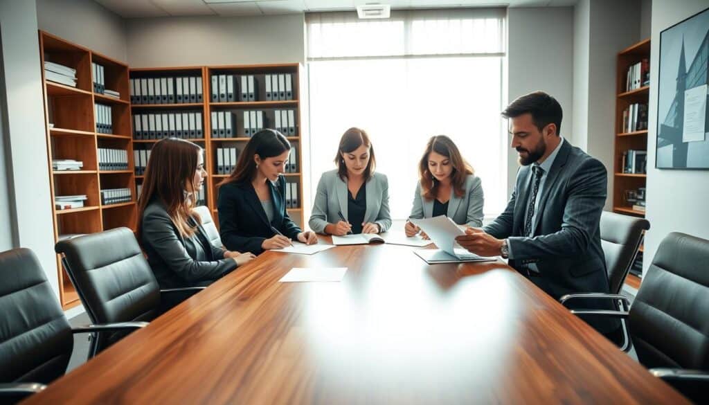 A professional office environment, depicting a serene and focused atmosphere as individuals engage in the claims process. In the foreground, a diverse group of three professionals—two women and one man—are discussing documents and filling out forms at a sleek wooden conference table. The women are dressed in business attire, while the man wears a smart blazer. In the middle, a large window lets in soft, natural light, illuminating the room and casting gentle shadows. The background features shelves filled with files and books, contributing to a sense of order and professionalism. The overall mood is one of determination and hope, reflecting the intention of returning to a pre-incident state. Use a wide-angle lens for a spacious feel, ensuring clarity and depth. A professional office environment, depicting a serene and focused atmosphere as individuals engage in the claims process. In the foreground, a diverse group of three professionals—two women and one man—are discussing documents and filling out forms at a sleek wooden conference table. The women are dressed in business attire, while the man wears a smart blazer. In the middle, a large window lets in soft, natural light, illuminating the room and casting gentle shadows. The background features shelves filled with files and books, contributing to a sense of order and professionalism. The overall mood is one of determination and hope, reflecting the intention of returning to a pre-incident state. Use a wide-angle lens for a spacious feel, ensuring clarity and depth.